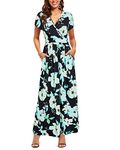 OUGES Womens' V-Neck Pattern Pocket Maxi Long Dress, Mint Green Floral, Small