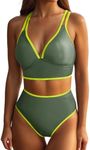 Dokotoo Womens High Waisted Bikini Tummy Control Swimsuits Sexy Adjustable Spaghetti Straps Color Block Two Piece Bathing Suit Mist Green X-Large