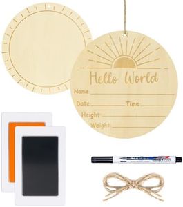 BabyQunt Baby Announcement Sign,Birth Announcement Sign for Hospital with Marker Pen and Ink Pad,Wooden Round Hello World Newborn Sign for Baby Hand and Footprints