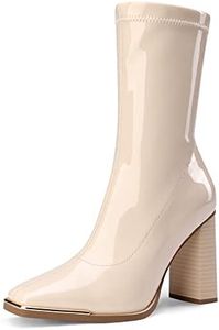 DREAM PAIRS Women's Square Toe Gogo Boots Elastic Ankle Boots High Chunky Block Heel Mid Calf Boots,Size 9,Beige White/Pu,SDMB2206W