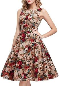 IHOT Vintage Tea Dress 1950's Floral Flare Casual Garden Retro Swing Party Cocktail Dress for Women, 1-apricot-floral, X-Large