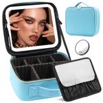 Makeup Organizer Bag with Mirror, Lighted Travel Makeup Bag 3 Color Modes, Cosmetic Bag Make up Organizer with Mirror and Light, Makeup Train Case Partitionable Cosmetic Storage Case with Mirror(Blue)