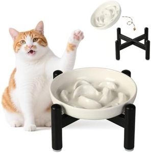 Elevated Slow Feeder Cat Bowl - Ceramic Cat Food Dish with Anti-Slip Stainless Steel Stand - Raised Maze Plate for Slow Eating - Ivory White