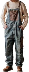 Rexcyril Men's Baggy Denim Bib Overalls Vintage Contrast Distressed Fashion Loose Fit Workwear Coveralls with Big Cargo Pockets, Blue, 32