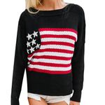 American Flag Sweater for Women Long Sleeve Hollow Out Knit Pullover Casual Loose 4th of July Jumper Tops, Black Usa Flag 02, Medium