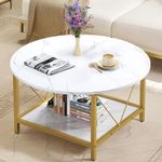 DWVO Round Coffee Table, Coffee Tables for Living Room, Small Coffee Table, 2 Tier Marble Circle Table with Open Storage Shelf, Rustic Wood Coffee Table with Metal Frame, Easy Assembly, Gold and White