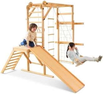 Avenlur Grove 8-in-1 Indoor Jungle Gym with Gymnastic Rings, Climbing Rope, Swing, Slide, Monkey Bars, Rope Wall Net, and Wooden and Rope Ladder - Jungle Play Set for Kids Ages 2-11 Years Old