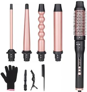 UNOBEY 5 in 1 Curling Wand Set, Curling Brush Curling Iron Set with Thermal Brush and 4 Interchangeable Ceramic Curling Wand(0.5”-1.25”), Fast Heating, Include Glove