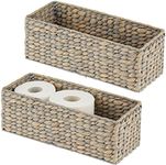 mDesign Woven Hyacinth Narrow Bathroom Toilet Roll Holder Storage Organizer Basket Bin - Rectangle Containers for Bathroom, Toilet Tank - Hold 3 Rolls of Toilet Paper - 2 Pack - Gray