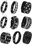 Hicarer 9 Pieces Spiked Studded Bracelet Black Leather Rivet Punk Bracelet Cuff Wrap Bangle Snap Button Metal Wristband for Men Women, black