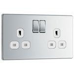 BG Electrical Double Switched Power Plug Wall Socket, Flatplate Screwless, Polished Chrome, White Inserts, 13A, FPC22W