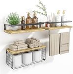 DifferTemp Bathroom Shelf Over Toilet Wall Mounted, Floating Shelves with Towel Rack & Wire Basket, Wall Shelf for Kitchen, Laundry Room, Bathroom Storage & Decor (Light Brown)