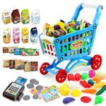 deAO Kids Shopping Cart Trolley Toy, 65pcs Supermarket Playset Cart with Food Fruit Vegetables, POS Machine, Plastic Money and Shopping Cards - Pretend to Play Role Play Educational Toy (Blue