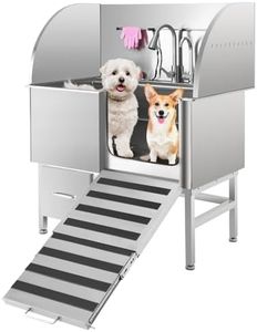 Dog Washing Station, 62” Dog Grooming Tub with Foldable Ramp, Pull-Out Faucet, Large Storage Drawer, Professional Stainless Steel Grooming Station for Large, Medium and Small Pets, Right Door