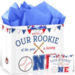 Large Baseball 1st Birthday Gift Bags with Card Tissue Paper 1st Birthday Gift Wrapping Bags Rookie of The Year Baseball First One Year Old Birthday Decorations Boys Girls Baby Shower Sport Party