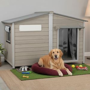 55" L Extra Large Dog House Outdoor, XL Dog House with Window for Medium to Large Breeds, Weatherproof Pet Shelter with Openable Asphalt Roof, Anti-Chewing Frame, Removable Floor,10 Support Feet