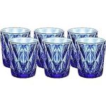 WHOLE HOUSEWARES Colored Glass Drinkware Water Glasses Cobalt Blue Diamond Pattern Set of 6 (Cobalt Blue 2)