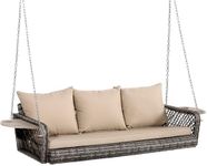 Grepatio 3 Person Porch Swing Patio Wicker Hanging Porch Swing Chair Outdoor Rattan Swing Bench with Cushion and Pillow for Garden, Yard, Lawn (Gray Rattan Khaki Cushion)