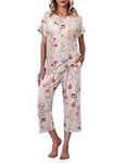 Ekouaer Women's Capri Pajama Sets Plus Size Sleepwear Shirt with Capri Pants 2 Piece Loungewear Set White Flower S