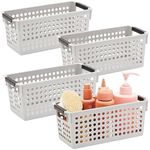 Farmlyn Creek Grey Plastic Storage Baskets with Handles, Small Storage Bin and Shelf Basket Organizer for Bathrooms, Laundry Room, Bedrooms, Kitchens, Pantries, Closet (4 Pack)