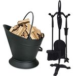 Almineez Companion Set 5 Piece Fireside Companion Tool Set Cast Iron Fireplace Wood Burner Coal Stove Accessories Set with Waterloo Coal Bucket Broom, Shovel, Tong & Poker with Stand