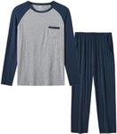 MoFiz Mens Pajama Set Long Sleeve V Neck 2 Piece Nightwear Loungewear Sleepwear Modal Pants With Pockets Pj's Sleep for Men, B-blue-grey Set, X-Large