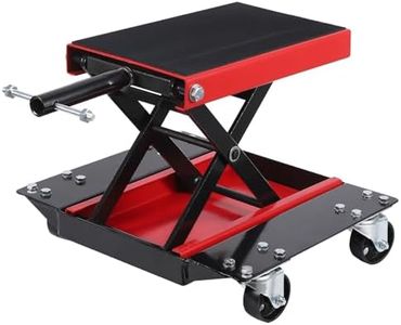 GarveeTech Motorcycle Lift with Casters - 1100 lb Steel Scissor Lift, Wide Deck, Safety Pins, Non-Slip Design, Folding Storage, Safety Setup