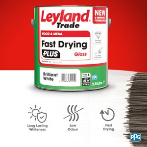 Leyland Trade Fast Drying Gloss Paint, Brilliant White, 2.5L – Wood & Metal