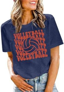 Pairxily Volleyball Shirts Womens Graphic Tees Game Day Shirt Aesthetic Cotton Loose Fit Casual Soft Tshirt Volleyball Gift(Navy Blue,L)