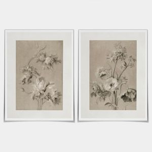 Set of 2 Vintage Black and Tan Art with Muted Neutral Flower Canvas Wall Art Print Botanical Floral Decor Painting for Living Room, Office, Kitchen - 12x16in Unframed
