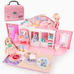 deAO Kids Dollhouse Playset Portable Dollhouse Toy Girls Pretend Playhouse with Furniture & Figures 2 in 1 Playhouse Set Birthday Toys for Age 3-6 Year Old Kindergarten Toddlers Preschoolers