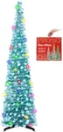 MACTING 5FT Christmas Tree with Lights, Easy-Assembly Pop Up Pencil Tree, Glittery Collapsible Tinsel Tree for Home Holiday Party Winter Porch Apartment Indoor Outdoor Xmas Decor(Aqua Blue)
