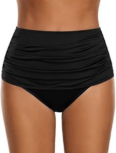 GRAPENT Women's High Waisted Swim Bottom Ruched Bikini Tankini Swimsuit Briefs Size XXL, Solid Black