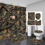 Camille&Andrew 4PCS Camo Shower Curtain Set, Deer Elk Moose Bear Turkey Woodland Animal Hunting Lodge Country Rustic Farmhouse Cabin Bathroom Decor, Waterproof Fabric Shower Curtain, Non-slip Bath Mat