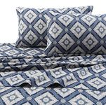 Tribeca Living 200-GSM Damask Printed Deep Pocket Flannel Sheet Set, Queen, Blue