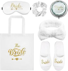 Hestya 6 Regali per Sposa Addio al Nubilato tra Cui Pantofole da Sposa Elastico Bianco Fascia per Capelli Borsa Tote Maschera per Occhi in Seta Specchio da Trucco per Proposta Festa Matrimonio Spa
