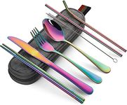 KITOME Portable Utensils, Travel Camping Cutlery Set, 8-Piece Including Knife Fork Spoon Chopsticks Cleaning Brush Straws Portable Case, Stainless Steel Flatware Set (Rainbow)