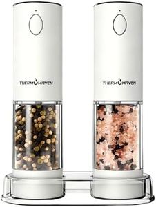 ThermoMaven Electric Salt and Pepper Grinder Set, 110ml Larger Rechargeable Automatic Salt and Pepper Mill Grinder with 6 Adjustable Coarseness, Electric Salt and Pepper Shakers, LED, Snow White