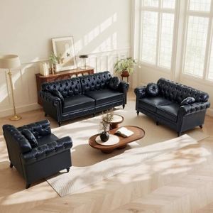 ORRD 3 Pieces Living Room Furniture Set, High Back Modern Faux Leather Loveseat Couch with Button Tufted, Nailhead Trim, Rolled Arms, Extra Round Cushion for Living Room, Lounge, or Office, Black