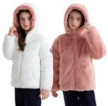 maoo garden Girls Winter Reversible Puffer Jacket Kids Heavyweight Faux-Down Fuzzy Fleece Lined Water-Resistant Coat White 4Y