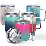 Stainless Steel Insulated Travel Mug - THILY 12 oz Vacuum Insulated Coffee Cup with Handle, Spill-Proof Lid, Keep Coffee Cold or Hot, Pink & Green