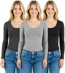 Emmalise Women's Junior and Plus Size Basic Scoop Neck Tshirt Long Sleeve Tee, 1xl, 3Pk H Grey, Charcoal, Black
