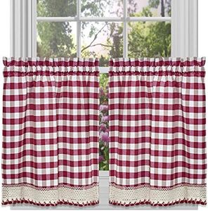 Sweet Home Collection Kitchen Window Curtain Panel Treatment Decorative Buffalo Check Design, 36" Tier, Burgundy