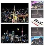 Scratch Rainbow Painting Art Paper,Scratch & Sketch Art for Kids & Adults,Scratch Painting Creative Gift Engraving Art & Craft Set,Sketch Pad DIY Scratchboard with 4 Tools,16''x11''((New York&Toronto)