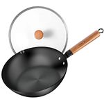 Carbon Steel Wok Pan, 11" Flat Bottom Woks and Stir Fry Pans with Lid,No Chemical Coated Traditional Wok for Induction, Electric, Gas, Halogen All Stoves-Practical Gift