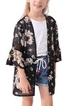 GORLYA Girl's Floral Print Chiffon Beach Cardigan Cover ups Kids Casual Kimono Capes Swimsuit Wraps(GOR1128,10Y,BlackPrint)