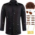 16 Pcs Men's 70s Disco Costumes Shiny Disco Outfit Shirts Halloween Men Wigs Necklace Mustaches Sunglasses for Party (Medium)