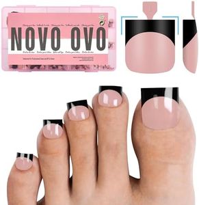 NOVO OVO Black French Tip Toe Nail Tips Press on, BABY PINK Sharp Square Pre-Designed Soft Gel False Toenail Extension, Long/Medium Wide Fake Toenails, Full Cover Acrylic for DIY 15 Sizes 240 pcs