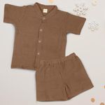 BAYBEE New Born Baby Clothes Muslin Cotton Dress for Kids | Summer Clothing Sets for Baby with Chinese Collar & Press Button | Shirt & Shorts Set | Baby Boy&Girl (Light Brown, 9-12 Months (L))