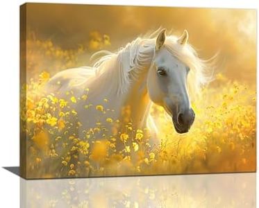 Horse Canvas Wall Art for Bathroom Bedroom White Horse Flower Pictures Decor Yellow Floral Painting Prints Modern Home Framed Artwork Living Room Office 16"x12"